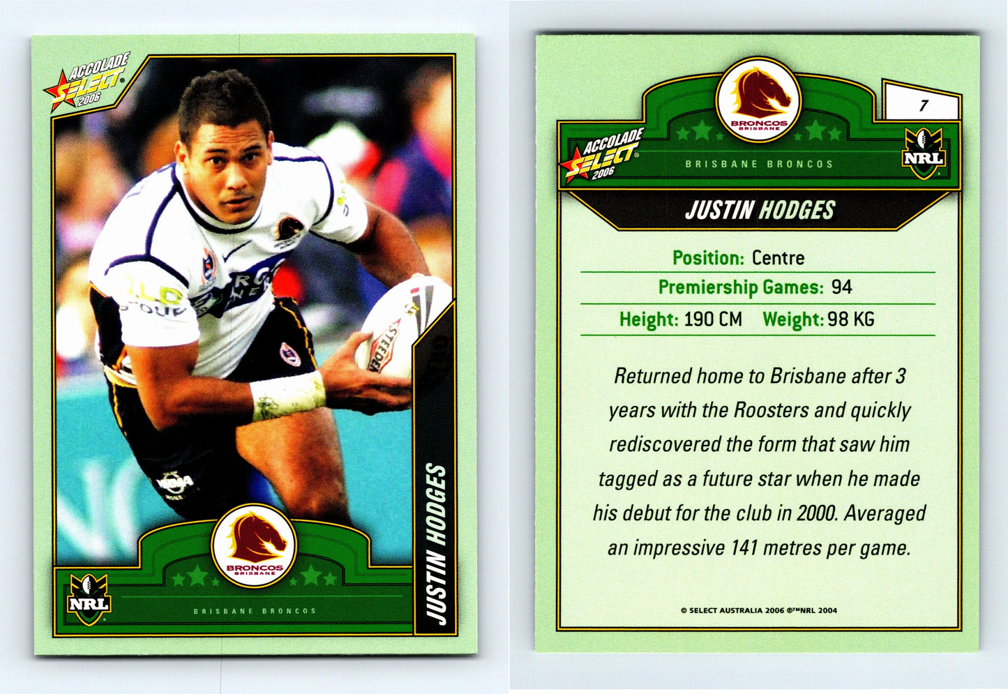 #7 JUSTIN HODGES 2006 Select NRL Accolade