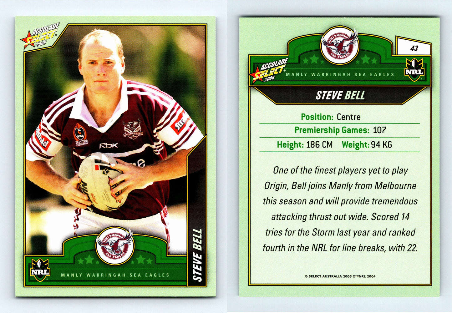 #43 STEVE BELL 2006 Select NRL Accolade