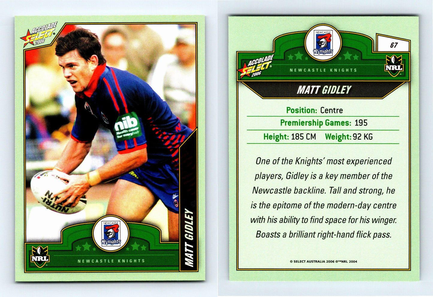 #67 MATT GIDLEY 2006 Select NRL Accolade