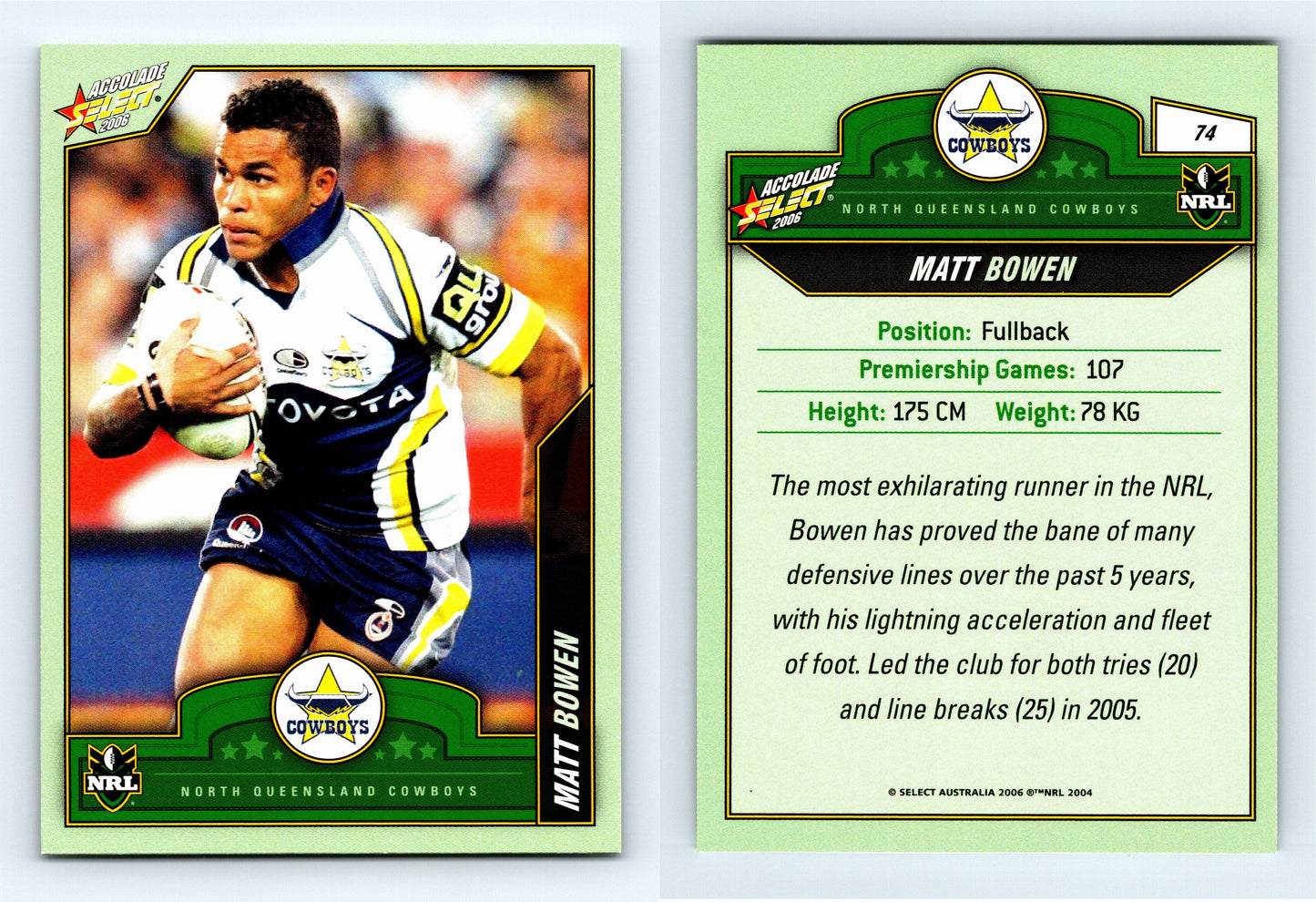#74 MATT BOWEN 2006 Select NRL Accolade