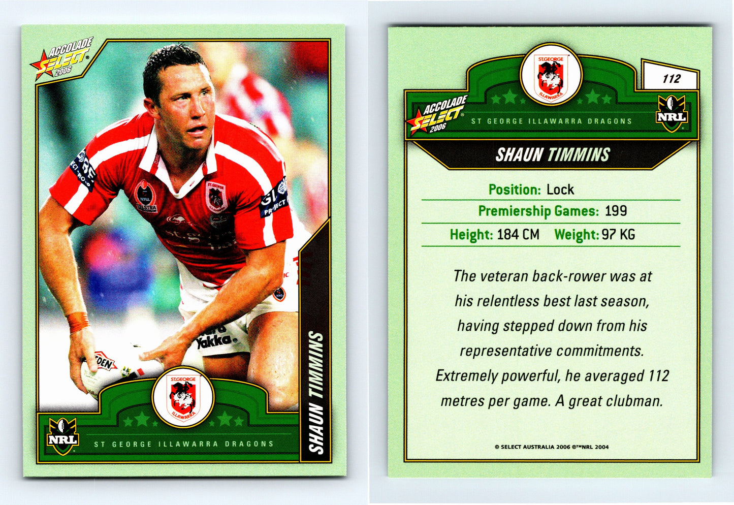 #112 SHAUN TIMMINS 2006 Select NRL Accolade