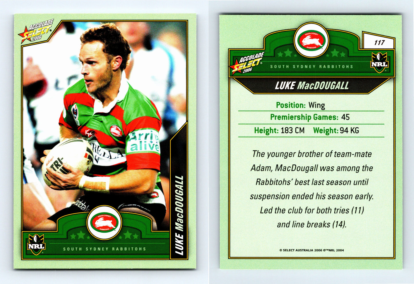 #117 LUKE MacDOUGALL 2006 Select NRL Accolade