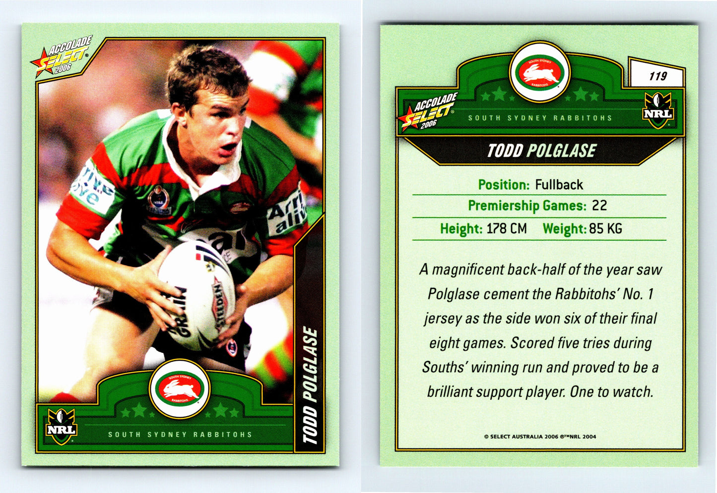 #119 TODD POLGLASE 2006 Select NRL Accolade