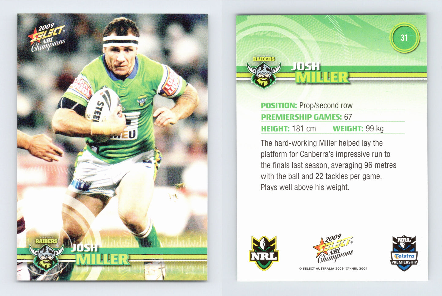 #31 JOSH MILLER 2009 Select NRL Champions