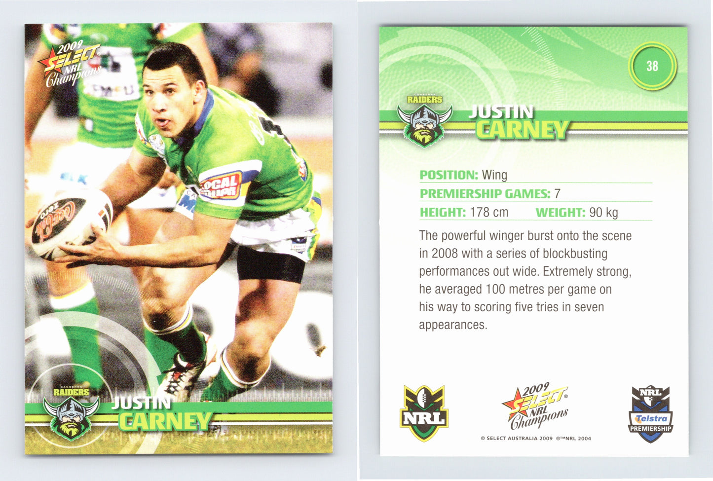 #38 JUSTIN CARNEY 2009 Select NRL Champions