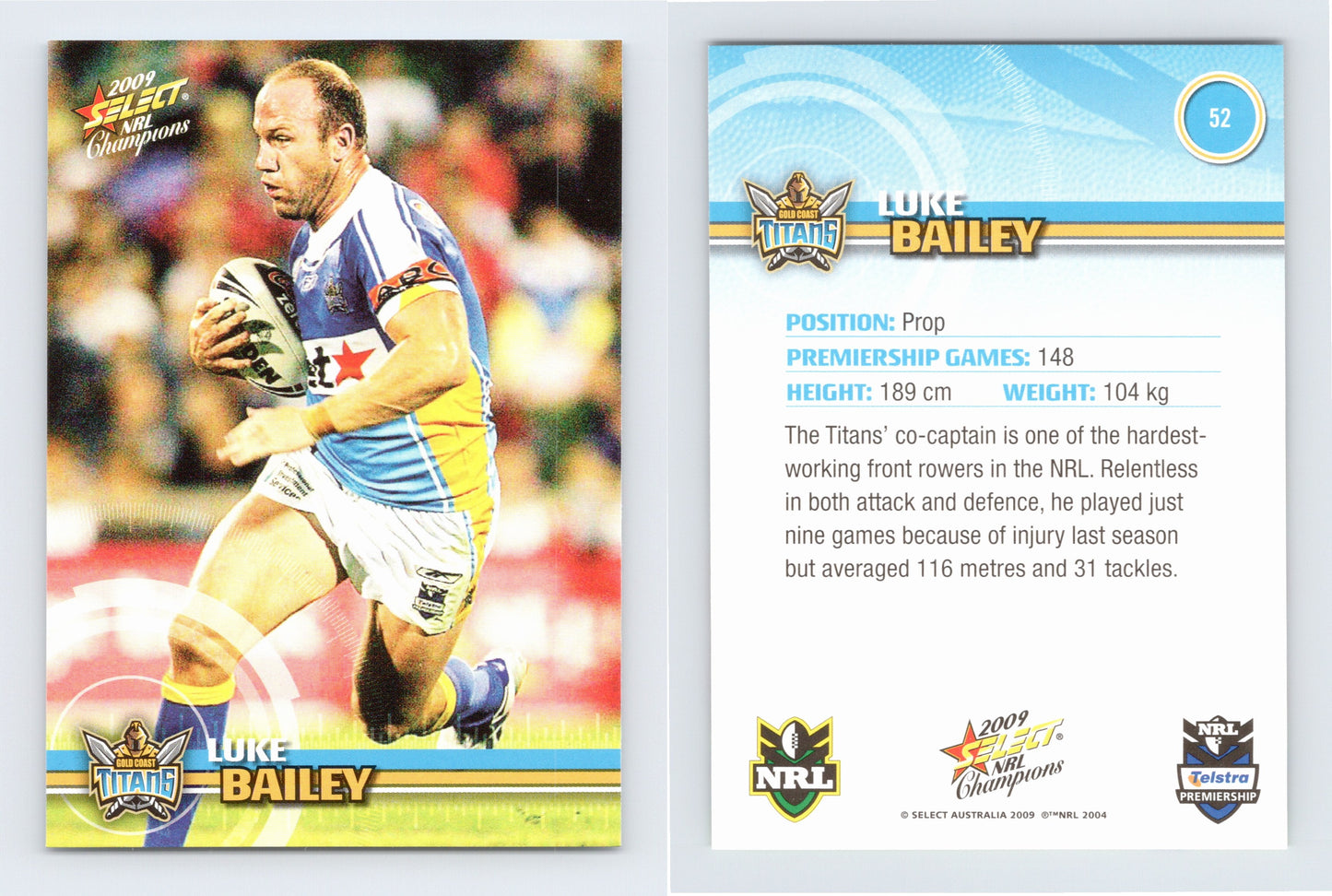 #52 LUKE BAILEY 2009 Select NRL Champions