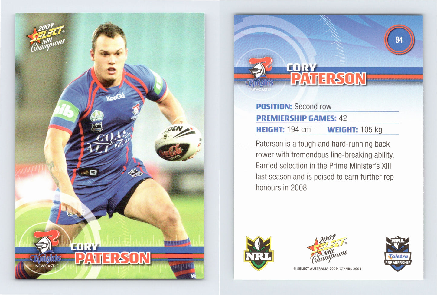 #94 CORY PATERSON 2009 Select NRL Champions