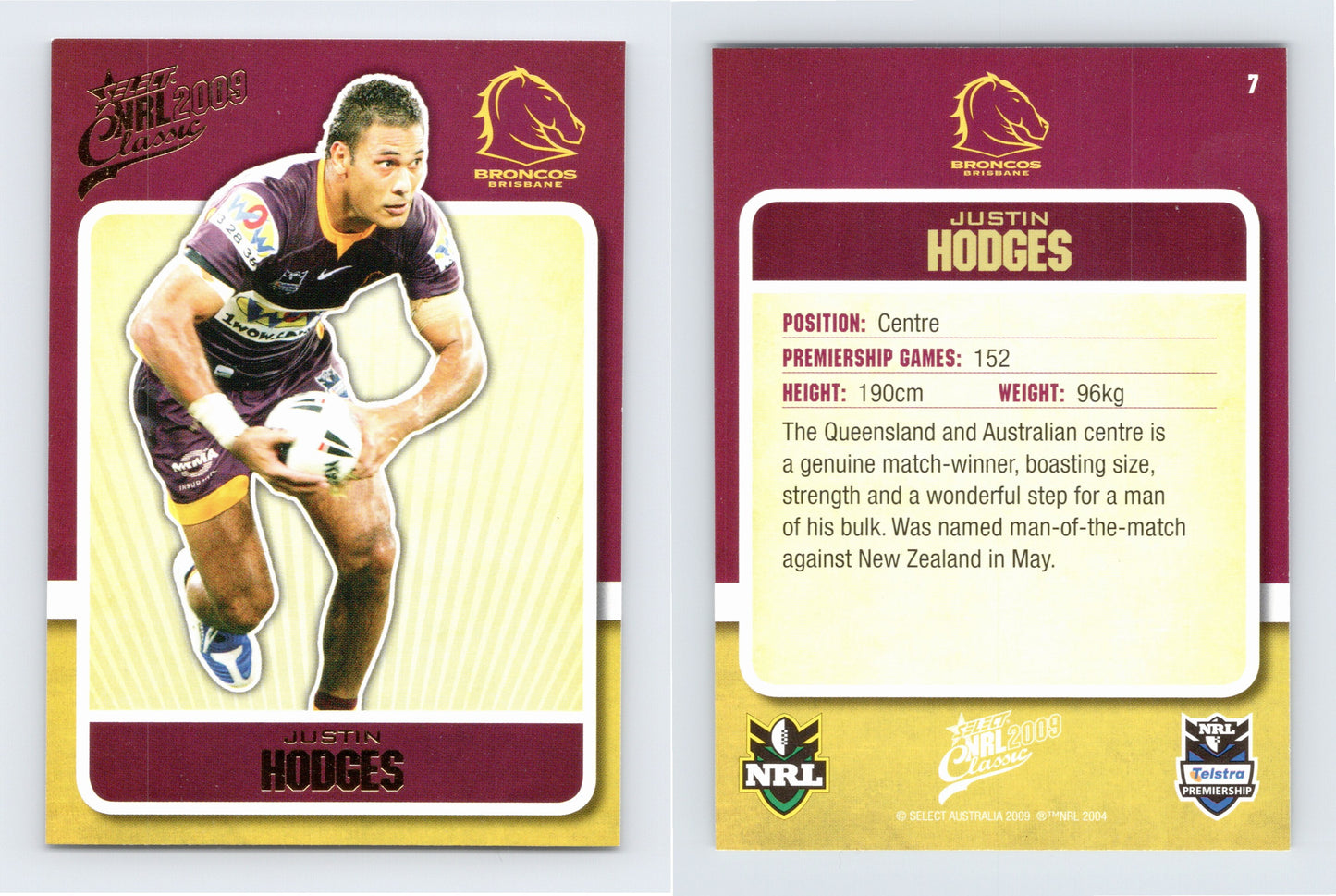 #7 JUSTIN HODGES 2009 Select NRL Classic