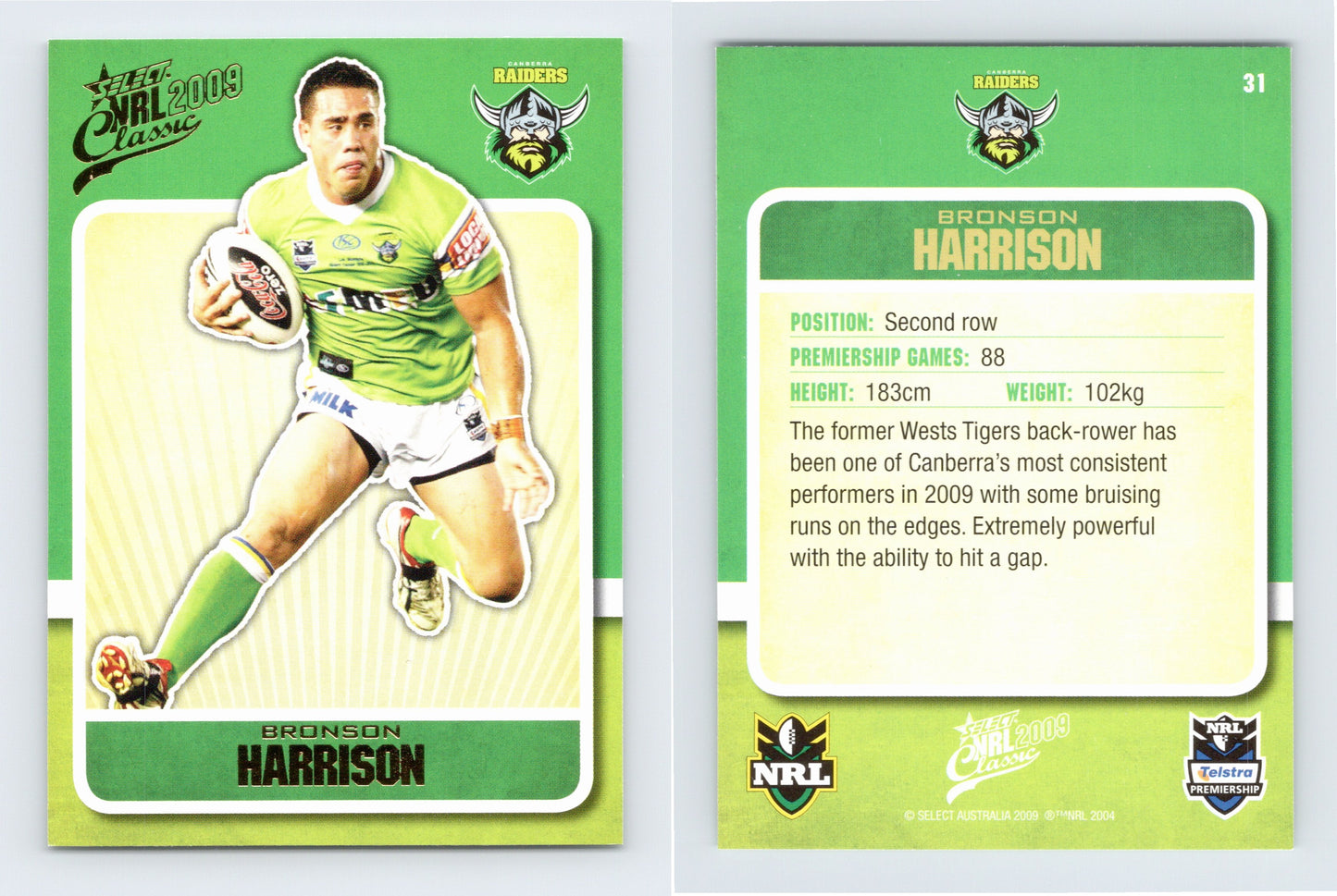 #31 BRONSON HARRISON 2009 Select NRL Classic