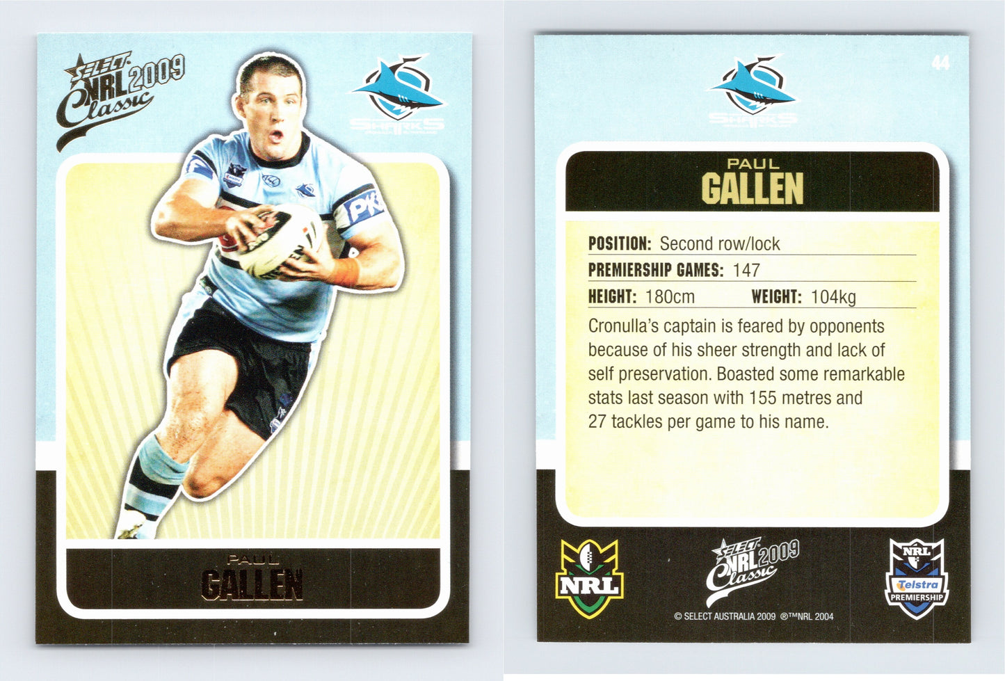 #44 PAUL GALLEN 2009 Select NRL Classic