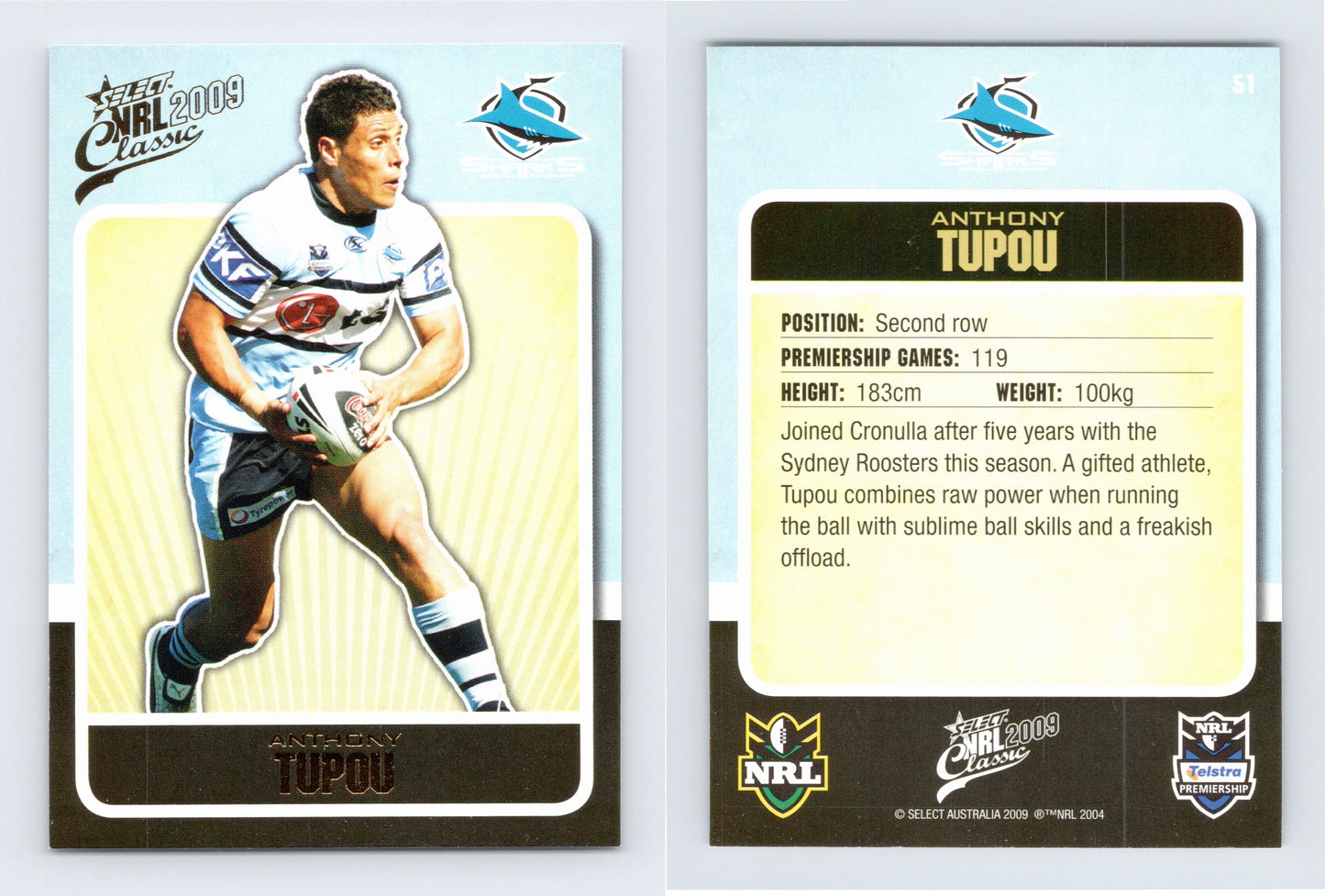 #51 ANTHONY TUPOU 2009 Select NRL Classic