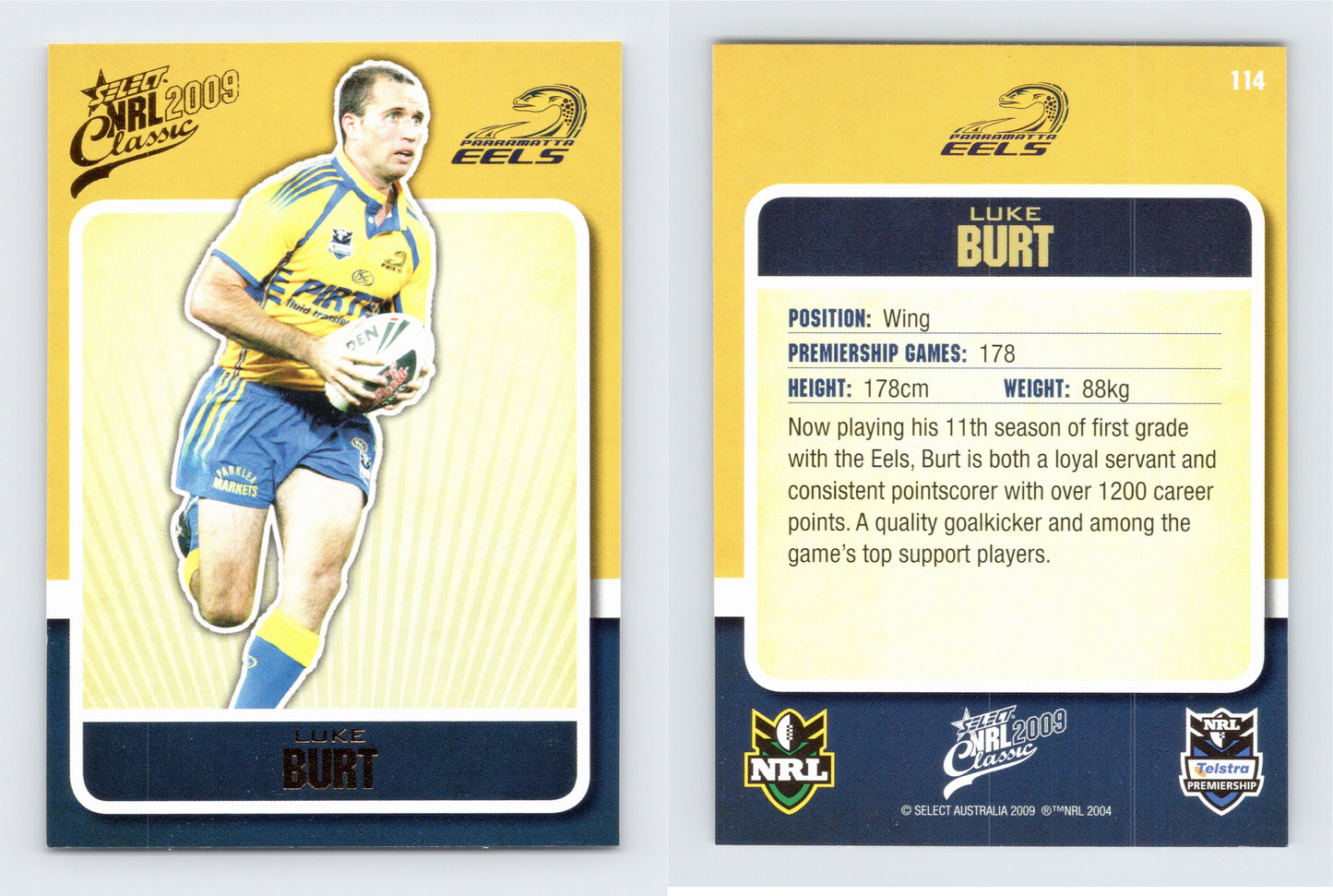 #114 LUKE BURT 2009 Select NRL Classic