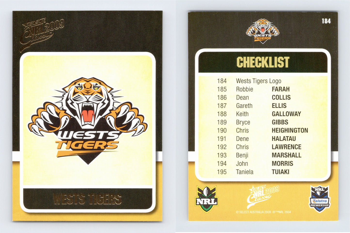 #184 WESTS TIGERS LOGO 2009 Select NRL Classic